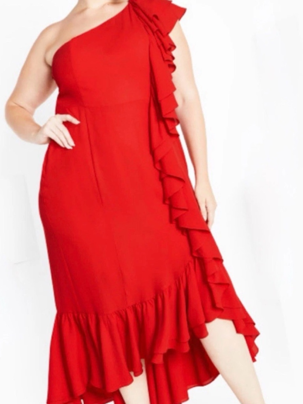 City Chic One-Shoulder Red Ruffle Midi Dress